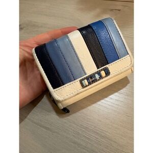 Brighton Tri Fold Wallet Blue Cream Leather Striped Accent Snap Closure